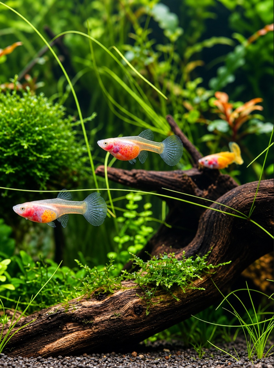 Glass Belly Guppy's met doorzichtige buik tussen waterplanten en kienhout