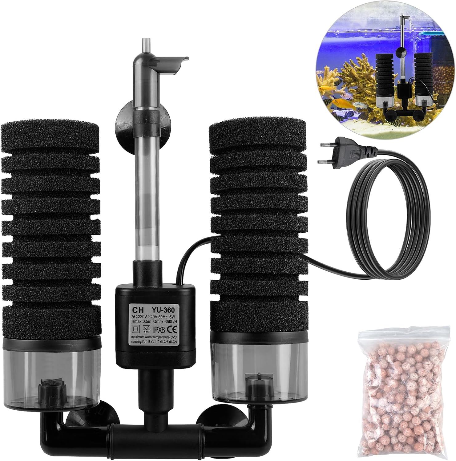 Aquarium sponsfilter met dubbele spons, pomp en filtermateriaal